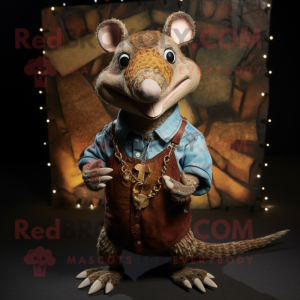 Brown Armadillo mascot costume character dressed with a Jeans and Necklaces