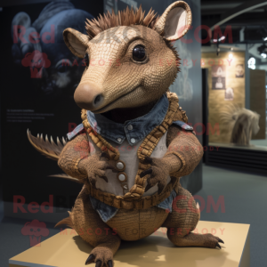 Brown Armadillo mascot costume character dressed with a Jeans and Necklaces