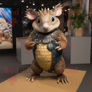 Brown Armadillo mascot costume character dressed with a Jeans and Necklaces