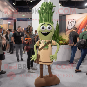 Tan Asparagus mascot costume character dressed with a Graphic Tee and Lapel pins