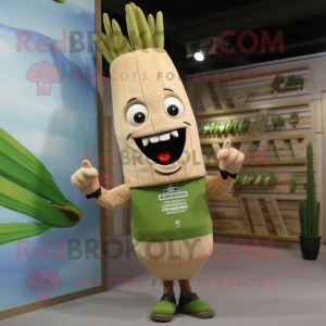 Tan Asparagus mascot costume character dressed with a Graphic Tee and Lapel pins