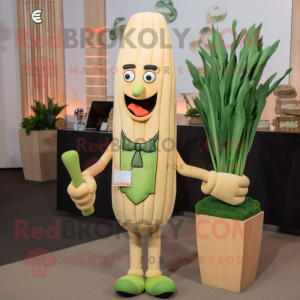 Tan Asparagus mascot costume character dressed with a Graphic Tee and Lapel pins