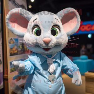 Sky Blue Dormouse mascot costume character dressed with a Button-Up Shirt and Hairpins