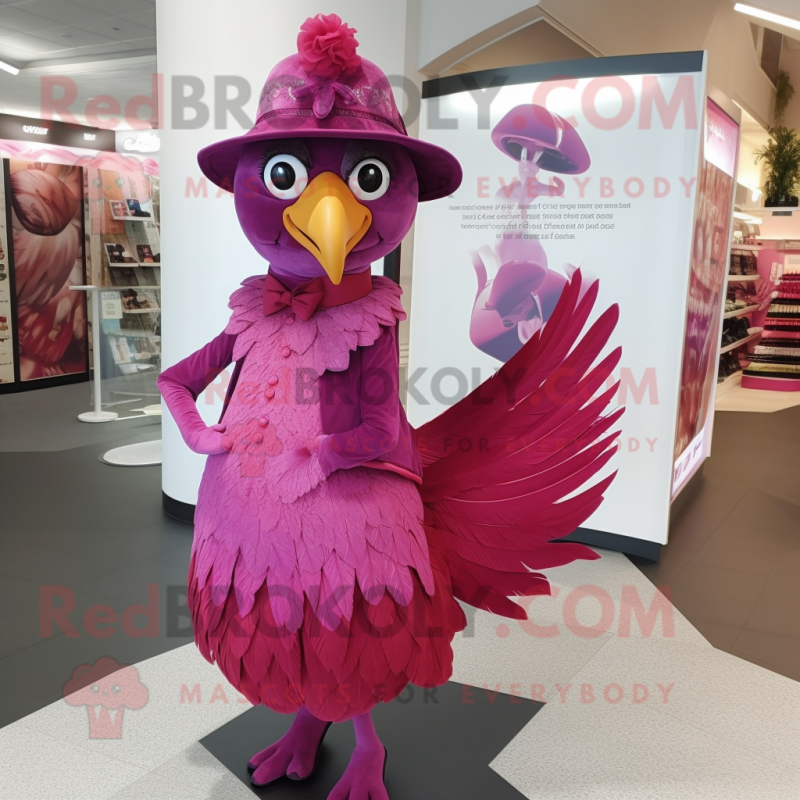 Magenta Pheasant mascot costume character dressed with a A-Line Dress and Caps