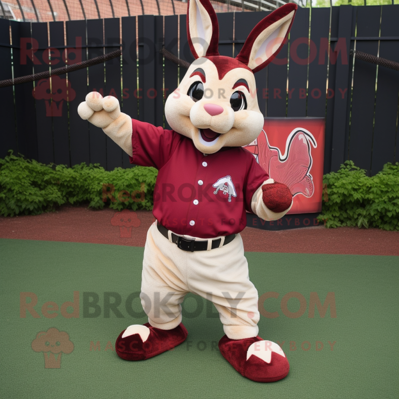 Maroon Rabbit mascot costume character dressed with a Baseball Tee and Tote bags