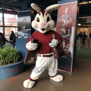 Maroon Rabbit mascot costume character dressed with a Baseball Tee and Tote bags