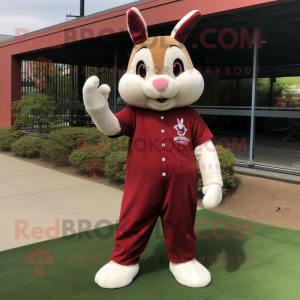 Maroon Rabbit mascot costume character dressed with a Baseball Tee and Tote bags