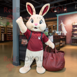 Maroon Rabbit mascot costume character dressed with a Baseball Tee and Tote bags