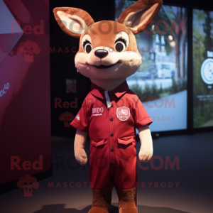 Maroon Roe Deer mascot costume character dressed with a Overalls and Lapel pins