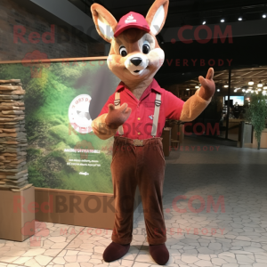 Maroon Roe Deer mascot costume character dressed with a Overalls and Lapel pins