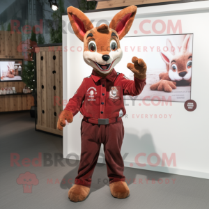 Maroon Roe Deer mascot costume character dressed with a Overalls and Lapel pins