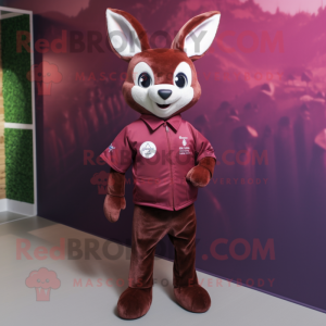 Maroon Roe Deer mascot costume character dressed with a Overalls and Lapel pins