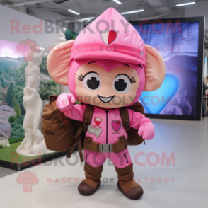 Pink Arrow Of Love mascot costume character dressed with a Cargo Pants and Backpacks