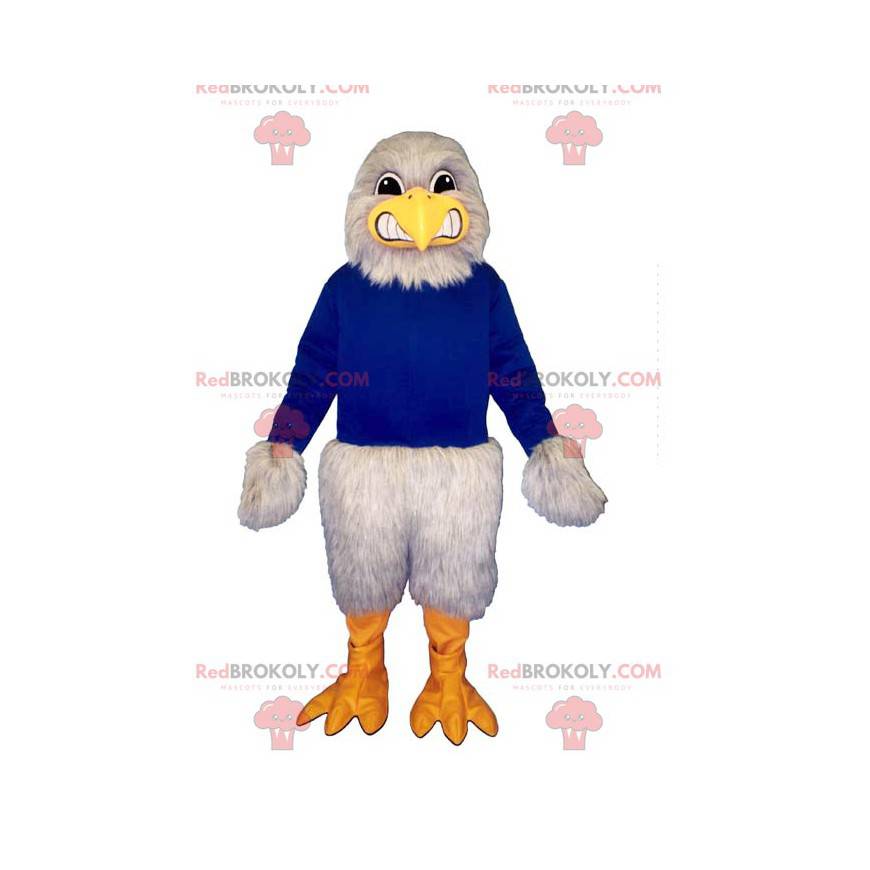 Mascotte dell'aquila avvoltoio grigio vestita di blu -