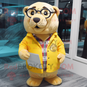 Yellow Sea Lion mascot costume character dressed with a Flannel Shirt and Reading glasses