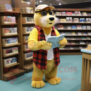 Yellow Sea Lion mascot costume character dressed with a Flannel Shirt and Reading glasses