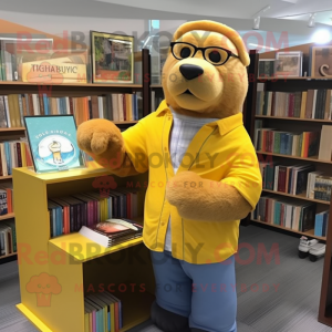 Yellow Sea Lion mascot costume character dressed with a Flannel Shirt and Reading glasses