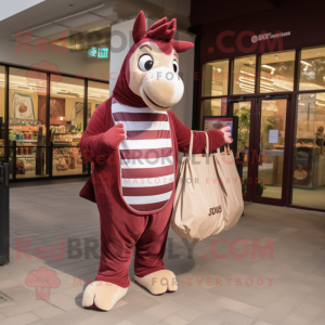 Maroon Quagga mascot costume character dressed with a Jumpsuit and Tote bags