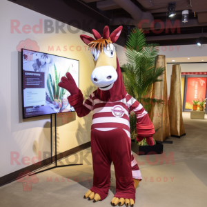 Maroon Quagga mascot costume character dressed with a Jumpsuit and Tote bags