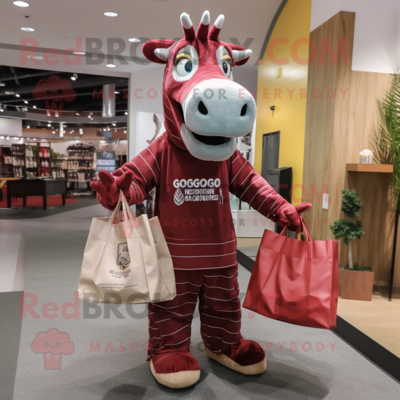 Maroon Quagga mascot costume character dressed with a Jumpsuit and Tote bags