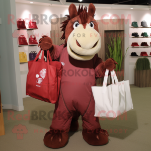 Maroon Quagga mascot costume character dressed with a Jumpsuit and Tote bags
