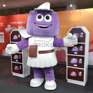 Lavender Chocolate Bars mascot costume character dressed with a Polo Shirt and Coin purses
