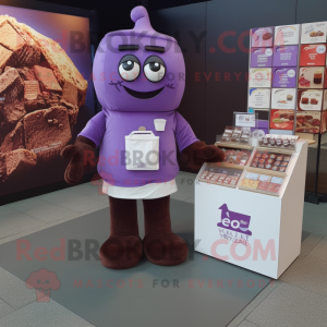Lavender Chocolate Bars mascot costume character dressed with a Polo Shirt and Coin purses