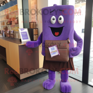 Lavender Chocolate Bars mascot costume character dressed with a Polo Shirt and Coin purses