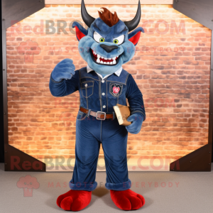Navy Devil mascot costume character dressed with a Denim Shirt and Wallets