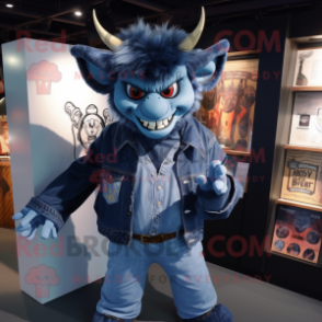 Navy Devil mascot costume character dressed with a Denim Shirt and Wallets