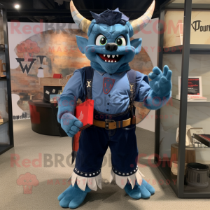 Navy Devil mascot costume character dressed with a Denim Shirt and Wallets