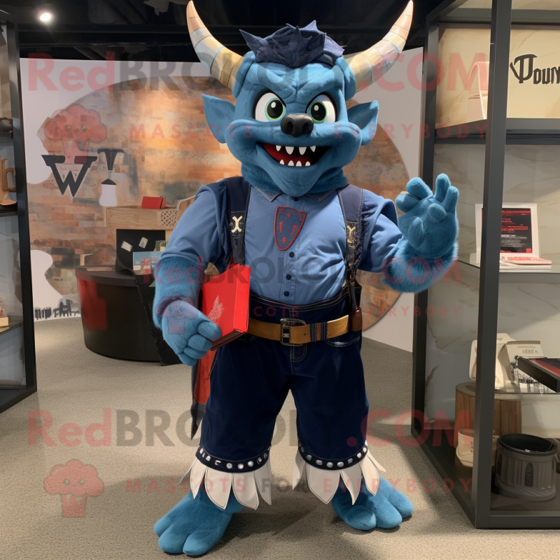 Navy Devil mascot costume character dressed with a Denim Shirt and Wallets Navy Devil mascot costume character dressed with a Denim Shirt and Wallets