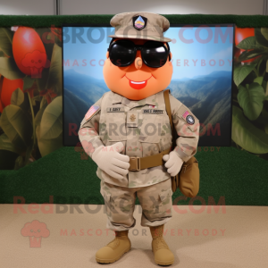 Peach American Soldier mascot costume character dressed with a Bermuda Shorts and Eyeglasses
