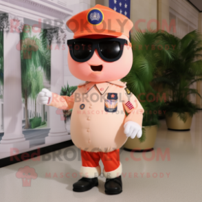 Peach American Soldier mascot costume character dressed with a Bermuda Shorts and Eyeglasses