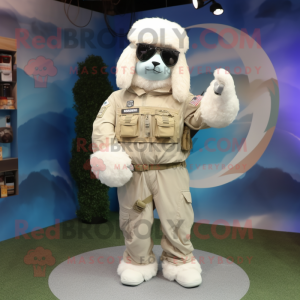 Cream Air Force Soldier mascot costume character dressed with a Hoodie and Hair clips