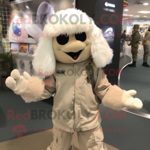 Cream Air Force Soldier mascot costume character dressed with a Hoodie and Hair clips