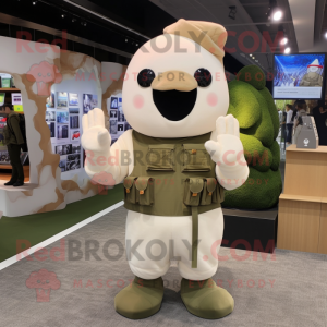 Cream Air Force Soldier mascot costume character dressed with a Hoodie and Hair clips