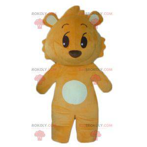 Orange and white teddy bear mascot looking mischievous -