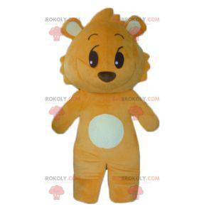 Orange and white teddy bear mascot looking mischievous -