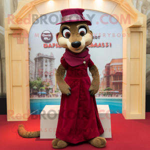 Maroon Meerkat mascot costume character dressed with a Wrap Skirt and Berets