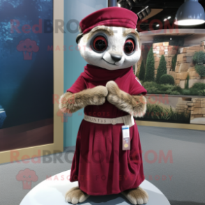 Maroon Meerkat mascot costume character dressed with a Wrap Skirt and Berets