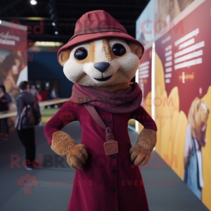 Maroon Meerkat mascot costume character dressed with a Wrap Skirt and Berets