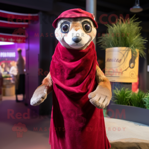 Maroon Meerkat mascot costume character dressed with a Wrap Skirt and Berets