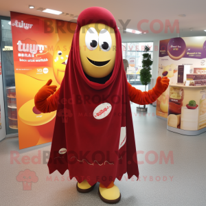 Maroon Currywurst mascot costume character dressed with a Coat and Shawls