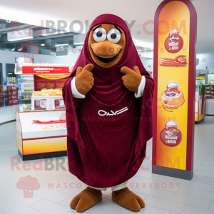 Maroon Currywurst mascot costume character dressed with a Coat and Shawls