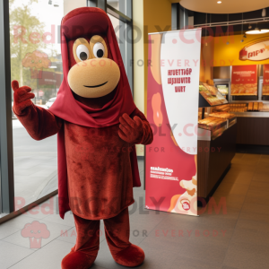 Maroon Currywurst mascot costume character dressed with a Coat and Shawls