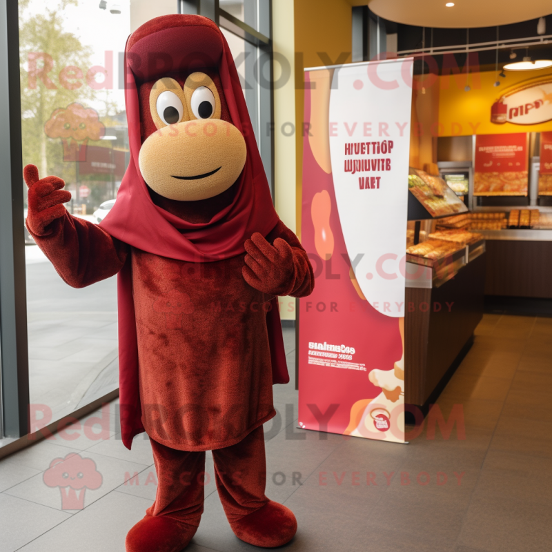 Maroon Currywurst mascot costume character dressed with a Coat and Shawls Maroon Currywurst mascot costume character dressed with a Coat and Shawls