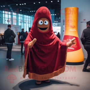 Maroon Currywurst mascot costume character dressed with a Coat and Shawls