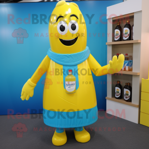 Cyan Bottle Of Mustard mascot costume character dressed with a Cardigan and Suspenders