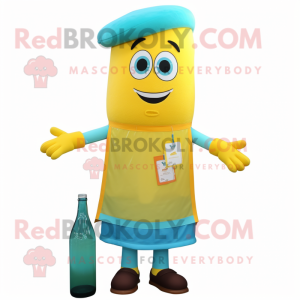 Cyan Bottle Of Mustard mascot costume character dressed with a Cardigan and Suspenders